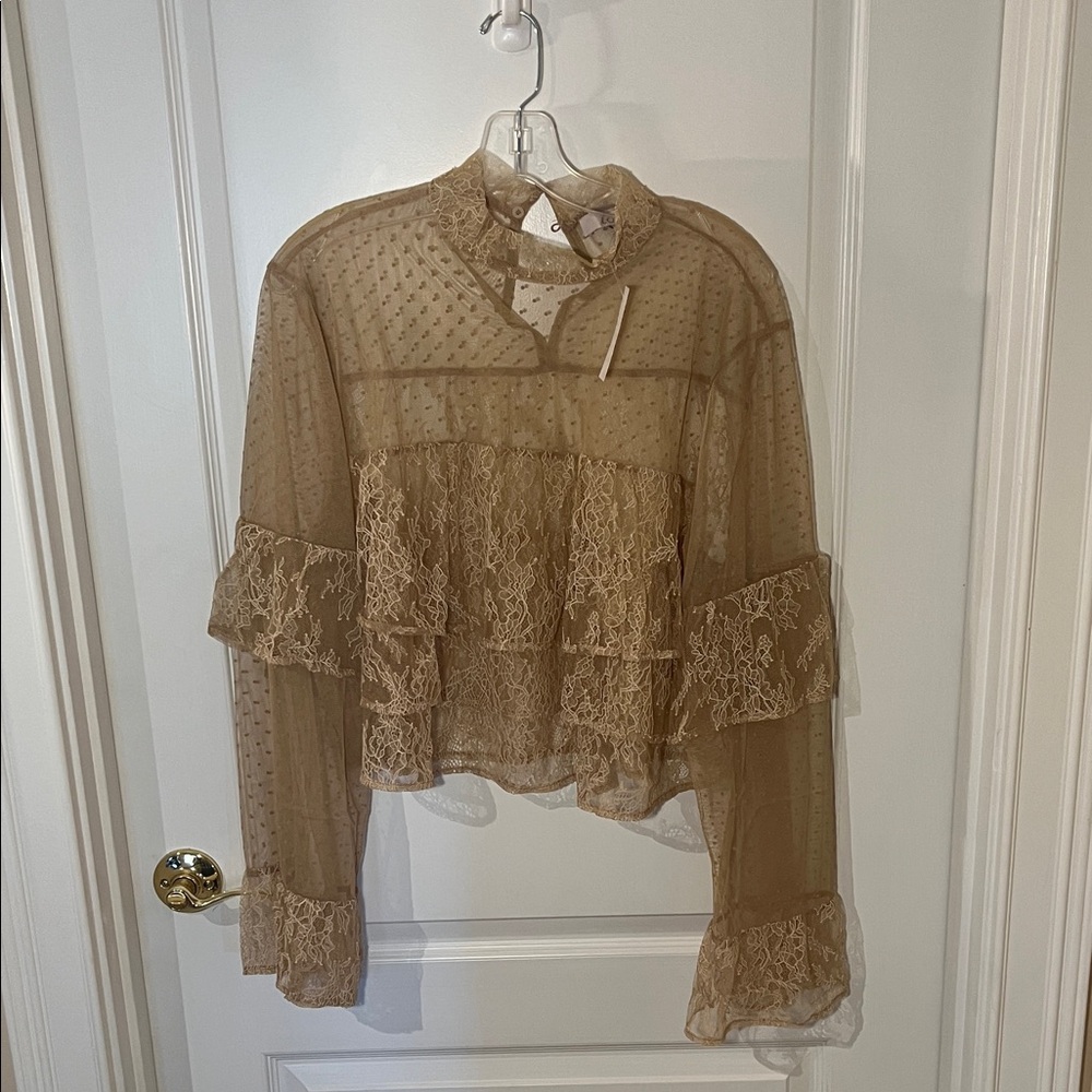 LOFT Beige Lace Ruffle Blouse